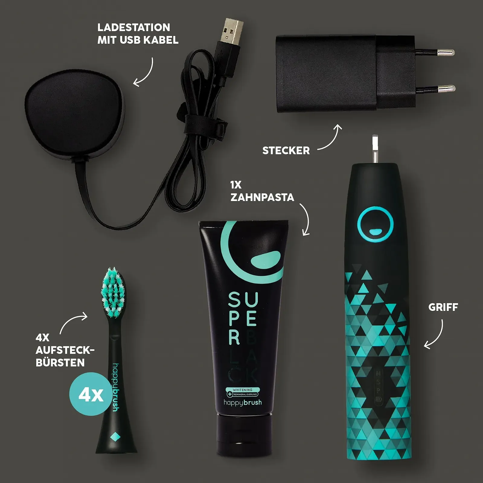 Электрическая звуковая зубная щетка happybrush ECO VIBE 3 6 недель работы Черный/Мятный, фото №6