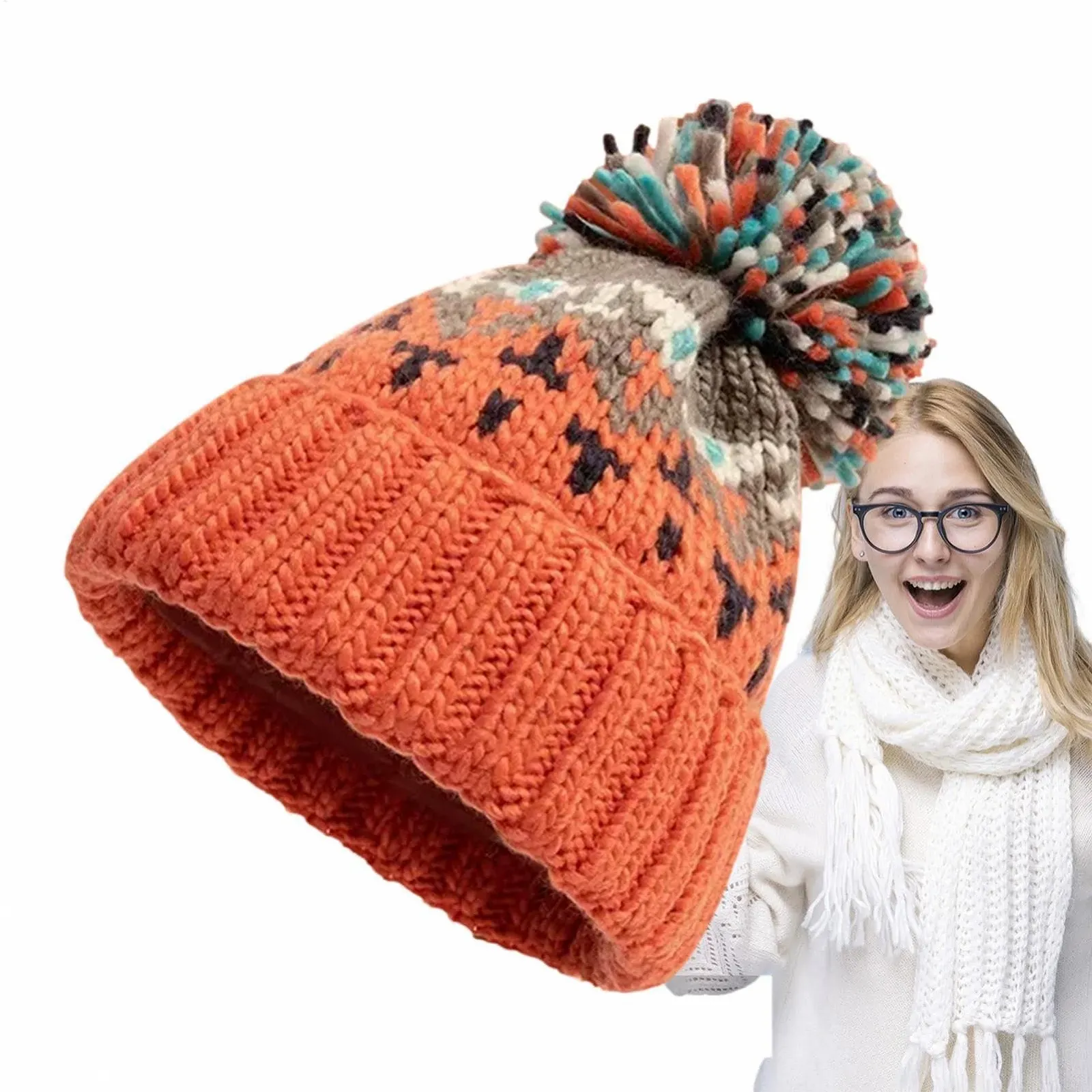 Шапка з помпоном Зимова шапка з помпоном Помаранчева, фото №4