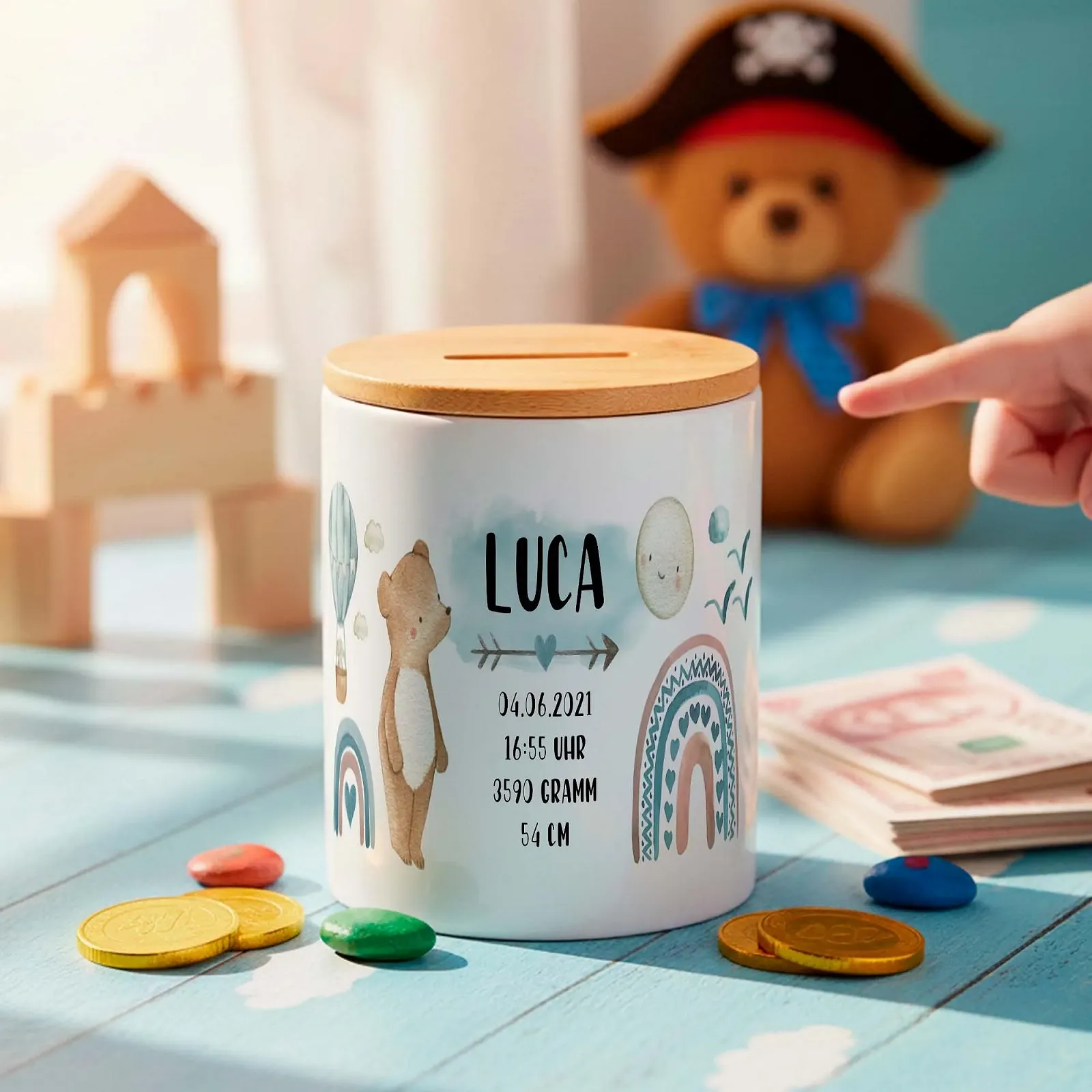 Скарбничка дитяча Ведмедик Дані про народження Персоналізована для хлопчиків, фото №7