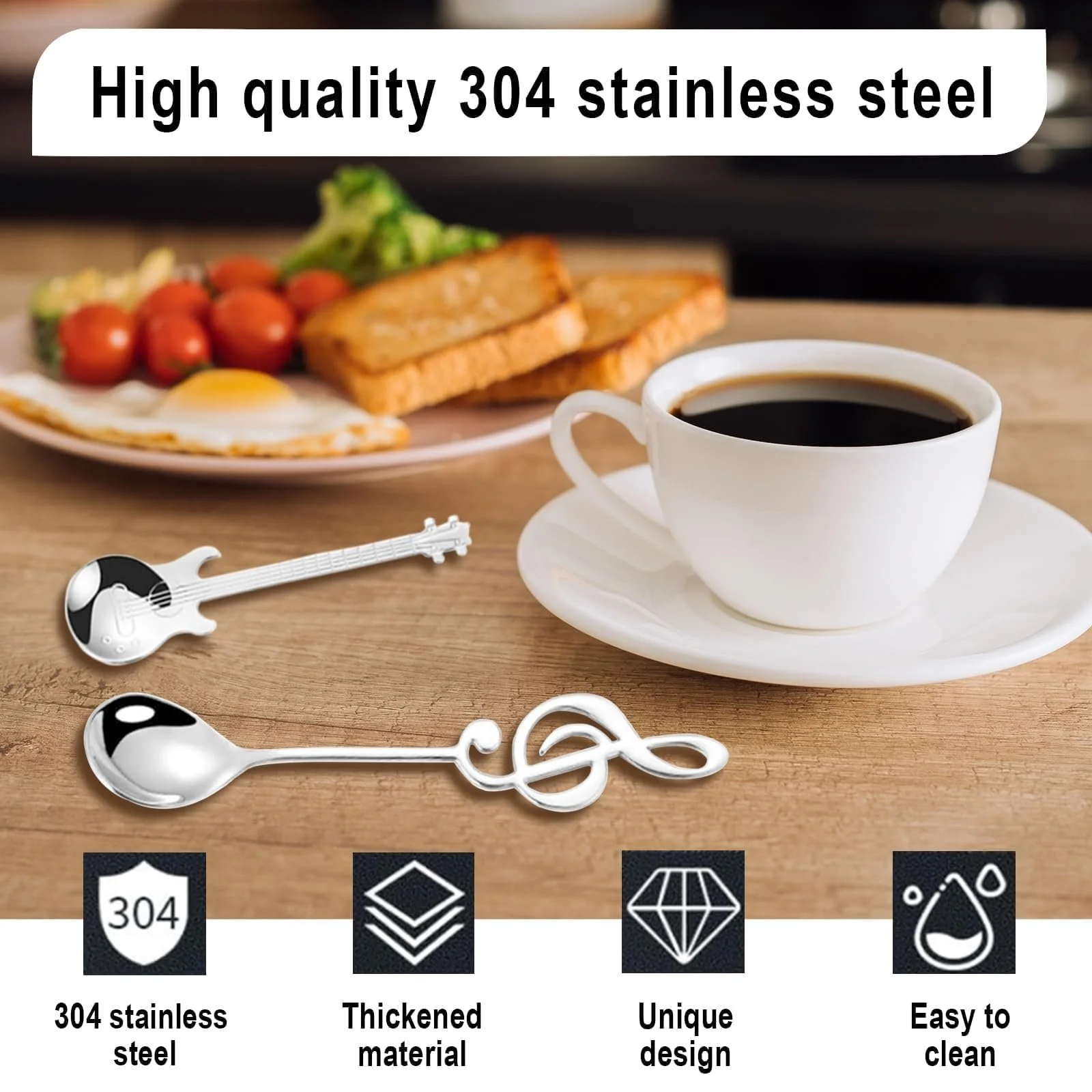 Ложка Кавова Музична Набір з 4 штук Форма гітари та ручка у вигляді скрипкового ключа 304 Харчова сталь, фото №4