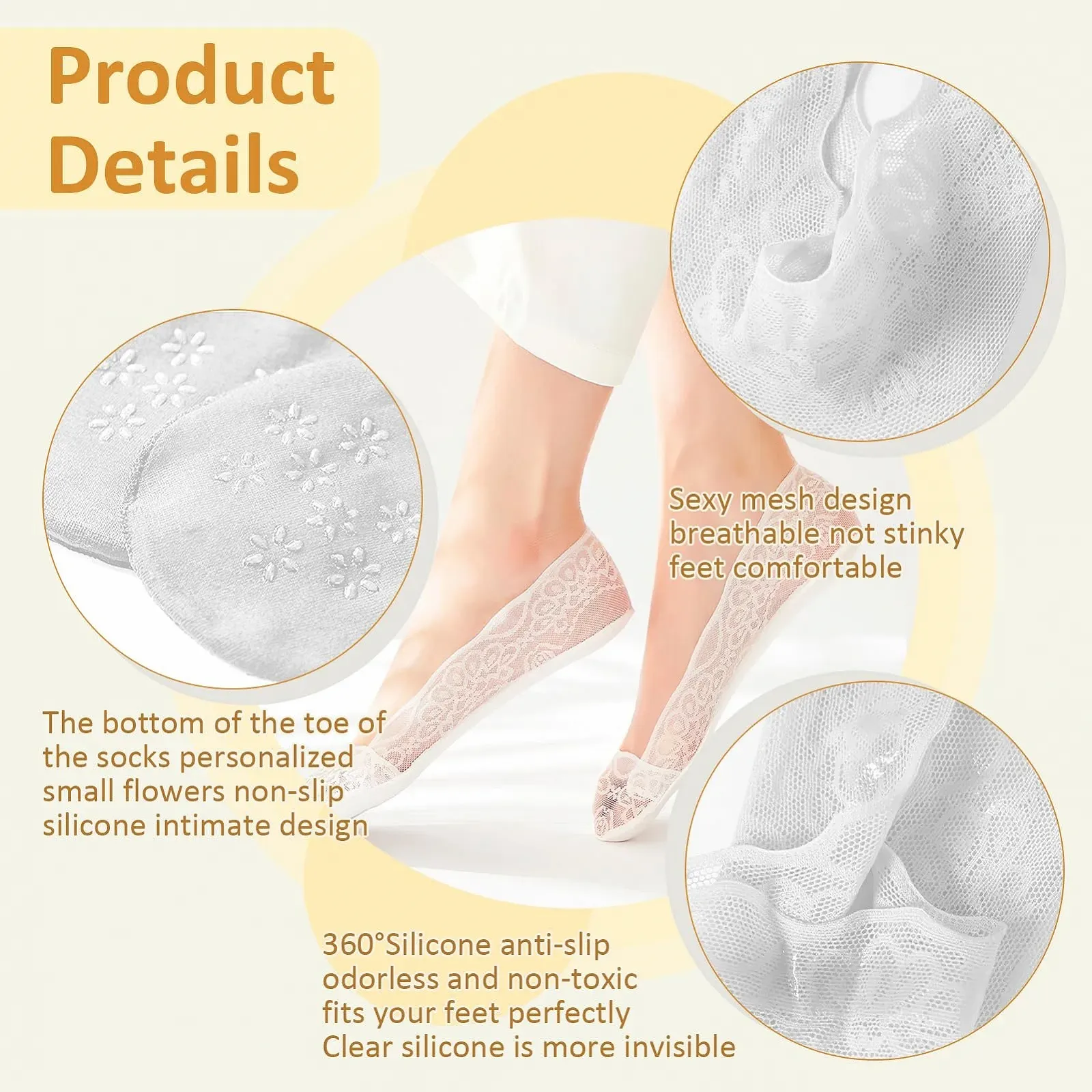 Носки-следки Кружевные Черный, Телесный, Серый, Светлый телесный, 6 пар, фото №3