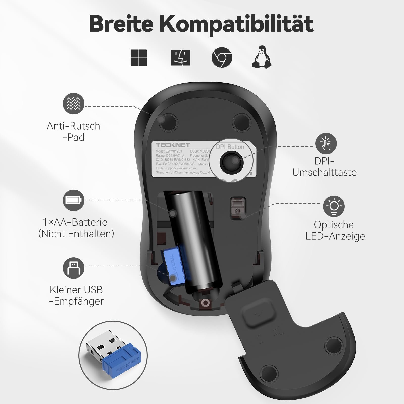 Мышь Беспроводная TECKNET 3200 DPI Оптическая Черный, фото №7