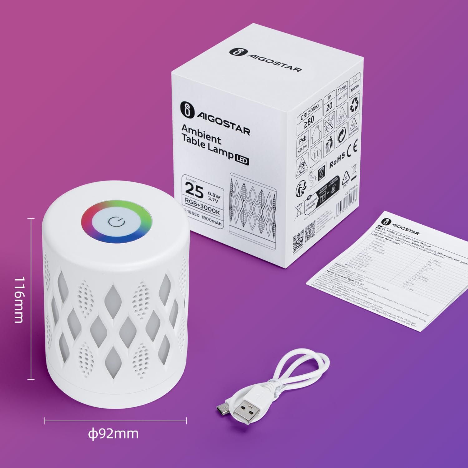 Настільна лампа Aigostar LED сенсорна 256 RGB кольорів Warm White бездротова USB акумуляторна, фото №7