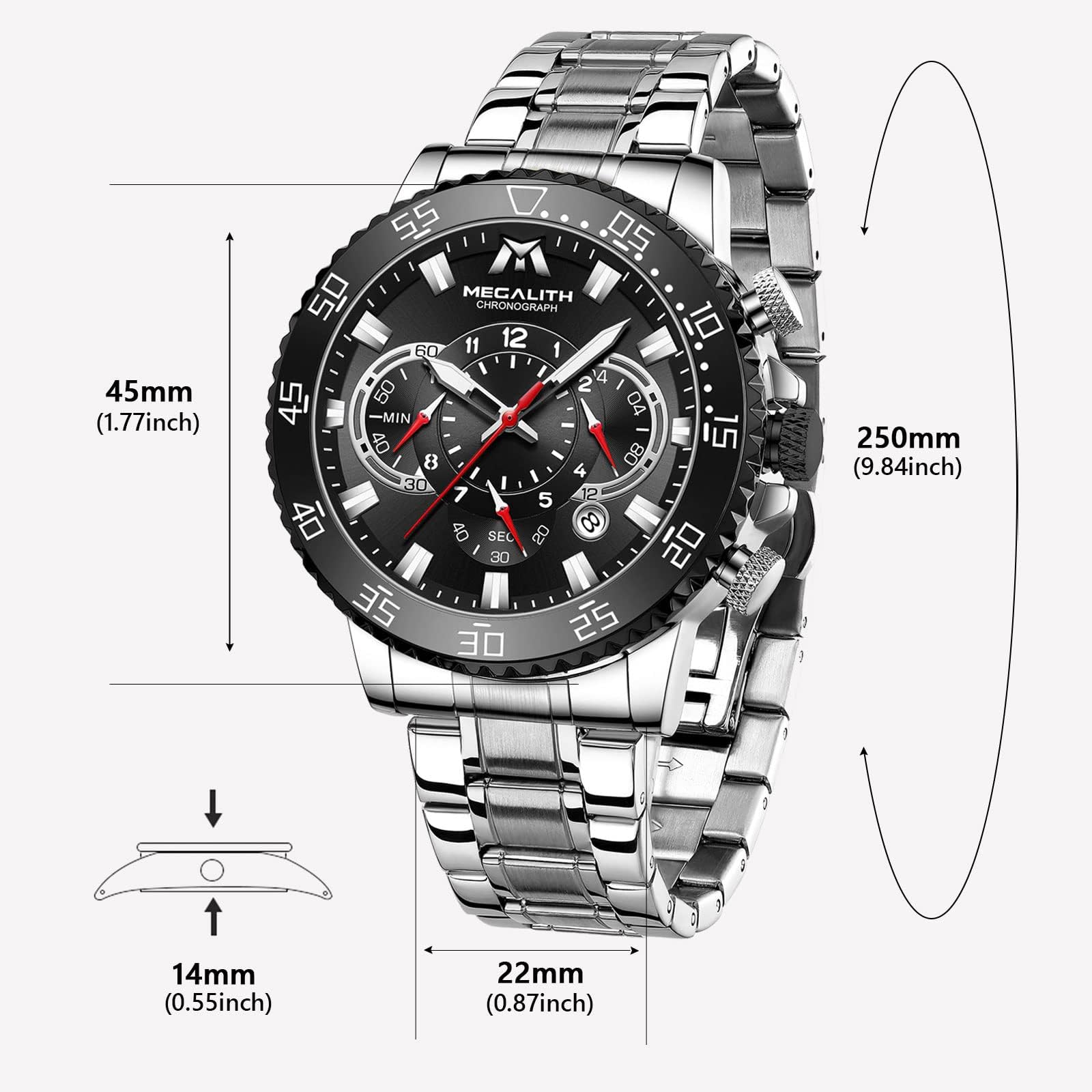 Годинник MEGALITH Чоловічий Хронограф Кварцовий 45 мм З Нержавіючої Сталі Великий Водонепроникний Світний Календар Сріблястий A0 Сріблястий Чорний Японія, фото №5
