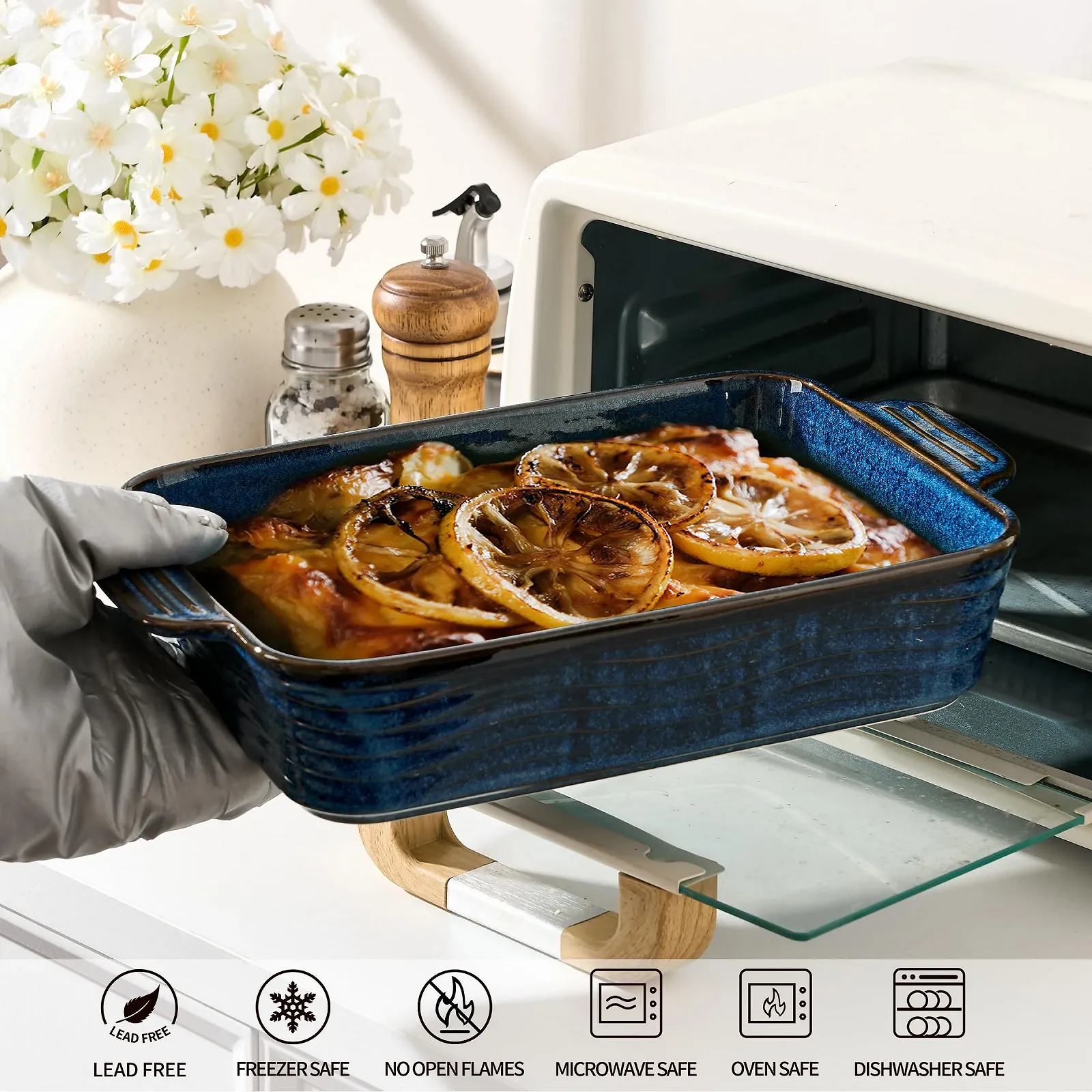 Форма для запекания Poecer керамическая 2000 мл квадратная с ручками синяя, фото №3 Форма для запекания Poecer керамическая 2000 мл квадратная с ручками синяя, фото №3