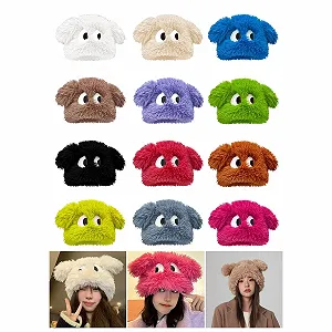 Разноцветная шапка с щенком с ушными клапанами, мультяшная шапка с ушками, однотонная зимняя плюшевая шапка для повседневной носки, пушистая шапка для женщин synthetic.ua - Фото 1