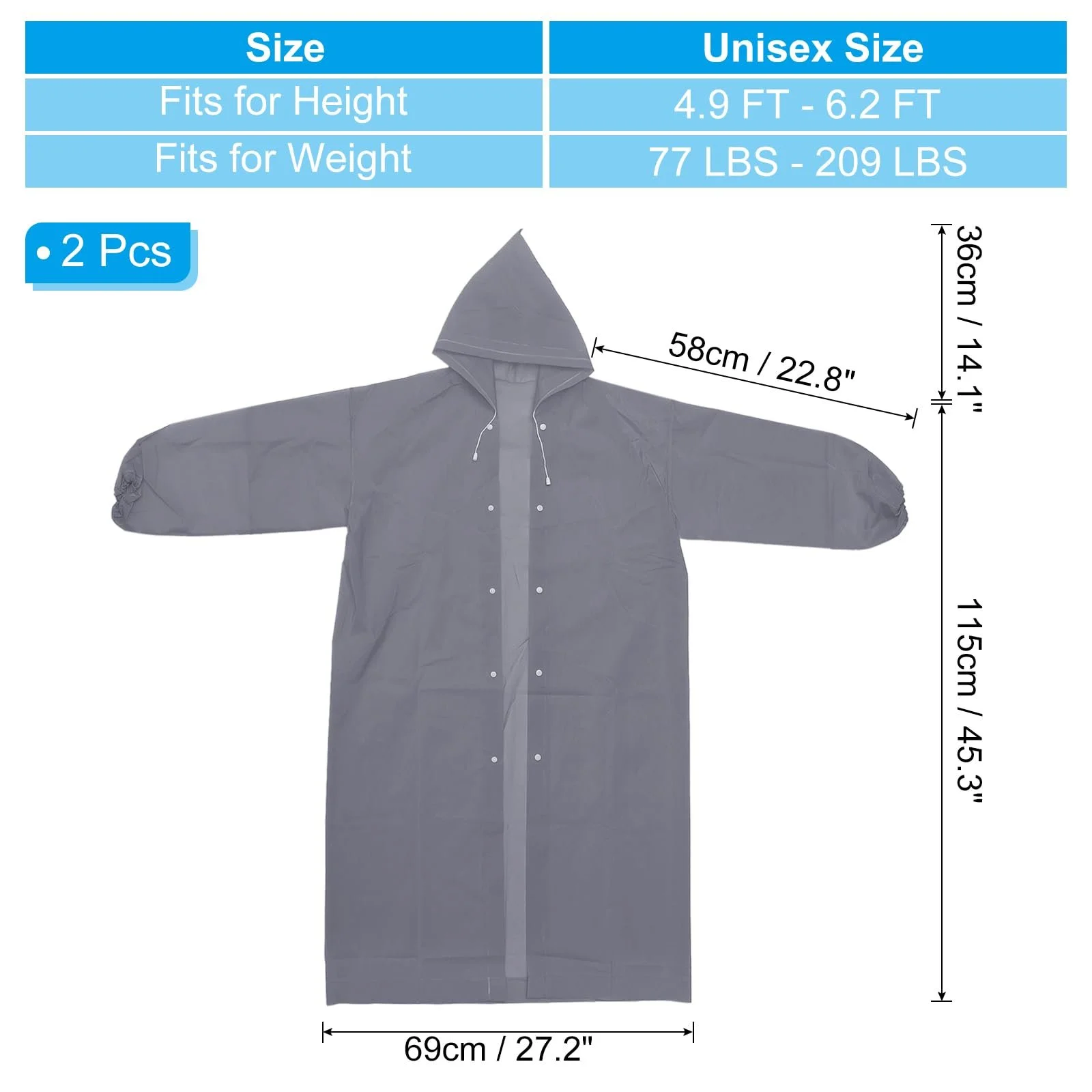 Дощовик PATIKIL для дорослих, 2 шт., Легкий багаторазовий плащ-дощовик EVA для їзди на велосипеді, походів, активного відпочинку, сірий, фото №2