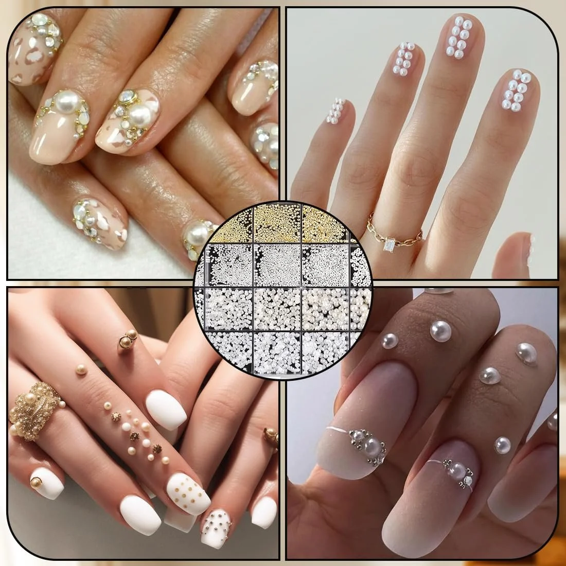 Бусины для ногтей Flatback Beads 1 Box Gold Silver White Beige Rhinestones DIY Nail Art Decor, фото №6