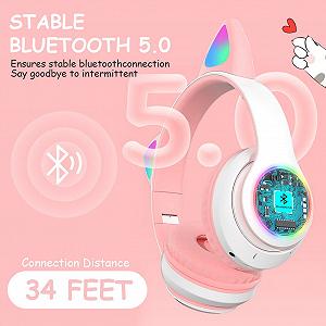 Наушники AXFEE Детские Bluetooth Девочкам С ушками кота Накладные с LED подсветкой Складные Стерео Беспроводные С микрофоном Micro SD/TF для телефона/планшета/ПК synthetic.ua - Фото 1