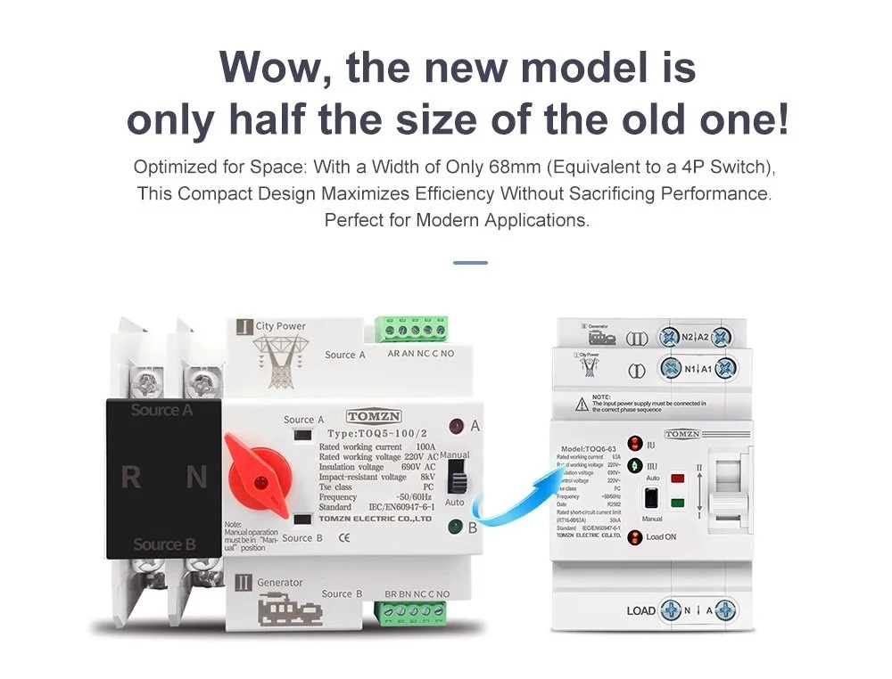 Автомат ввода резервного питания TOMZN TOQ6-63/2 2P 63A 220V АВР переключатель, фото №5