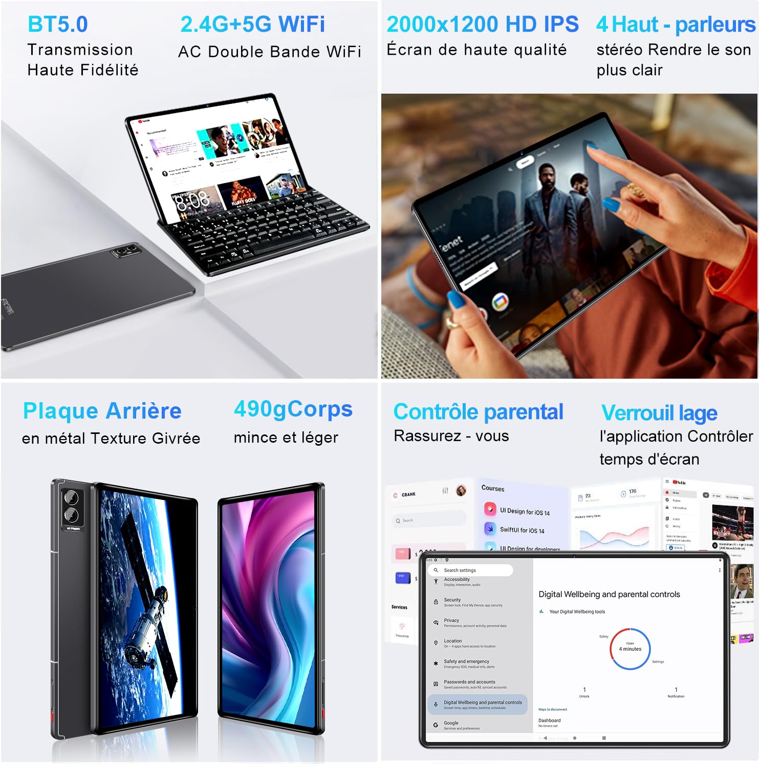 Планшет FACETEL 11-дюймовый Android 13 5G WiFi, GMS сертификация, Octa-Core RAM 16GB ROM 256GB TF 1TB | 8600mAh | 2000 x 1200 | 5MP + 13MP, с чехлом, Серый, фото №4