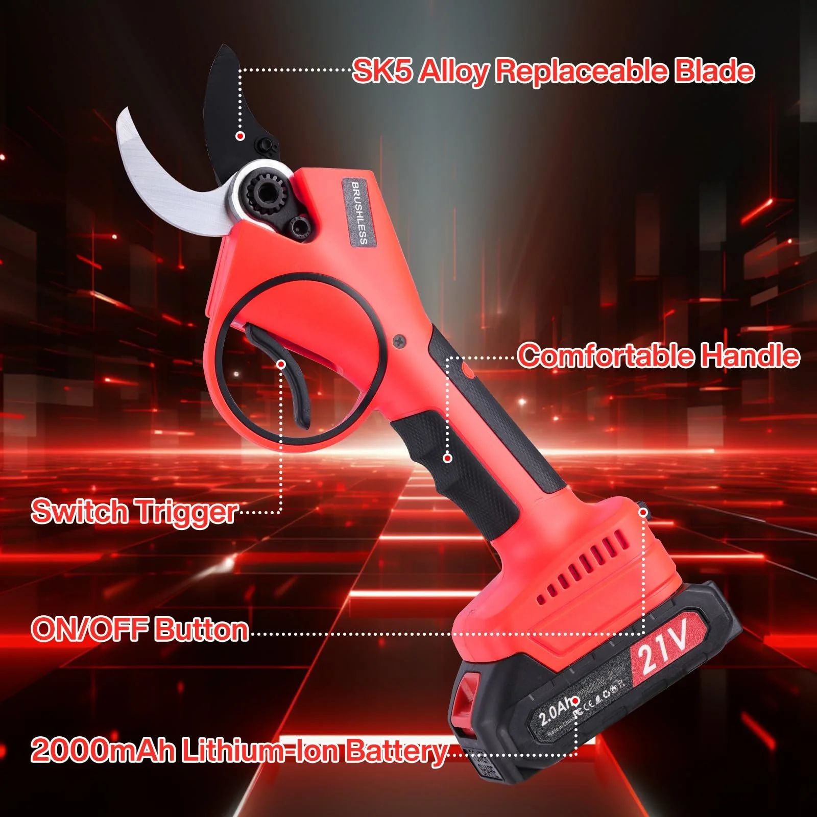 Акумуляторні гілкорізи 40 мм, електричні ножиці для обрізки з акумулятором 2 x 2000 mAh, безщітковий двигун, гостре лезо, садові ножиці для фруктових дерев, червоний, фото №2