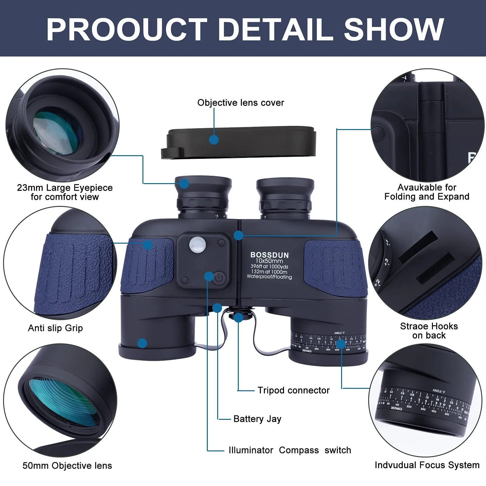 Бінокль Marine 10x50 Водонепроникний з компасом та далекоміром Military HD, фото №2