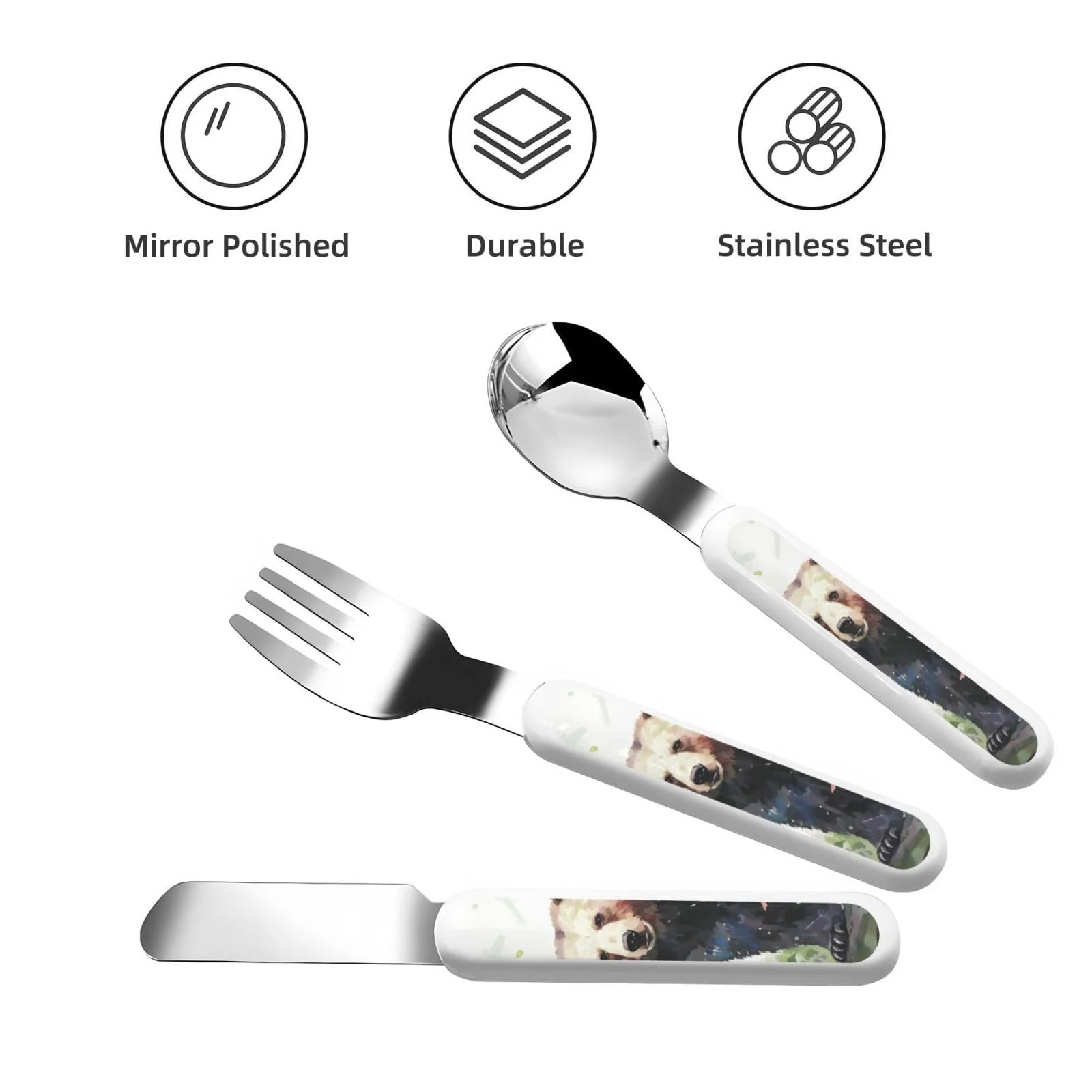 Дитячий набір столових приборів з малюнком Ведмедика в джунглях, 3 предмети, багаторазовий, фото №2 Дитячий набір столових приборів з малюнком Ведмедика в джунглях, 3 предмети, багаторазовий, фото №2