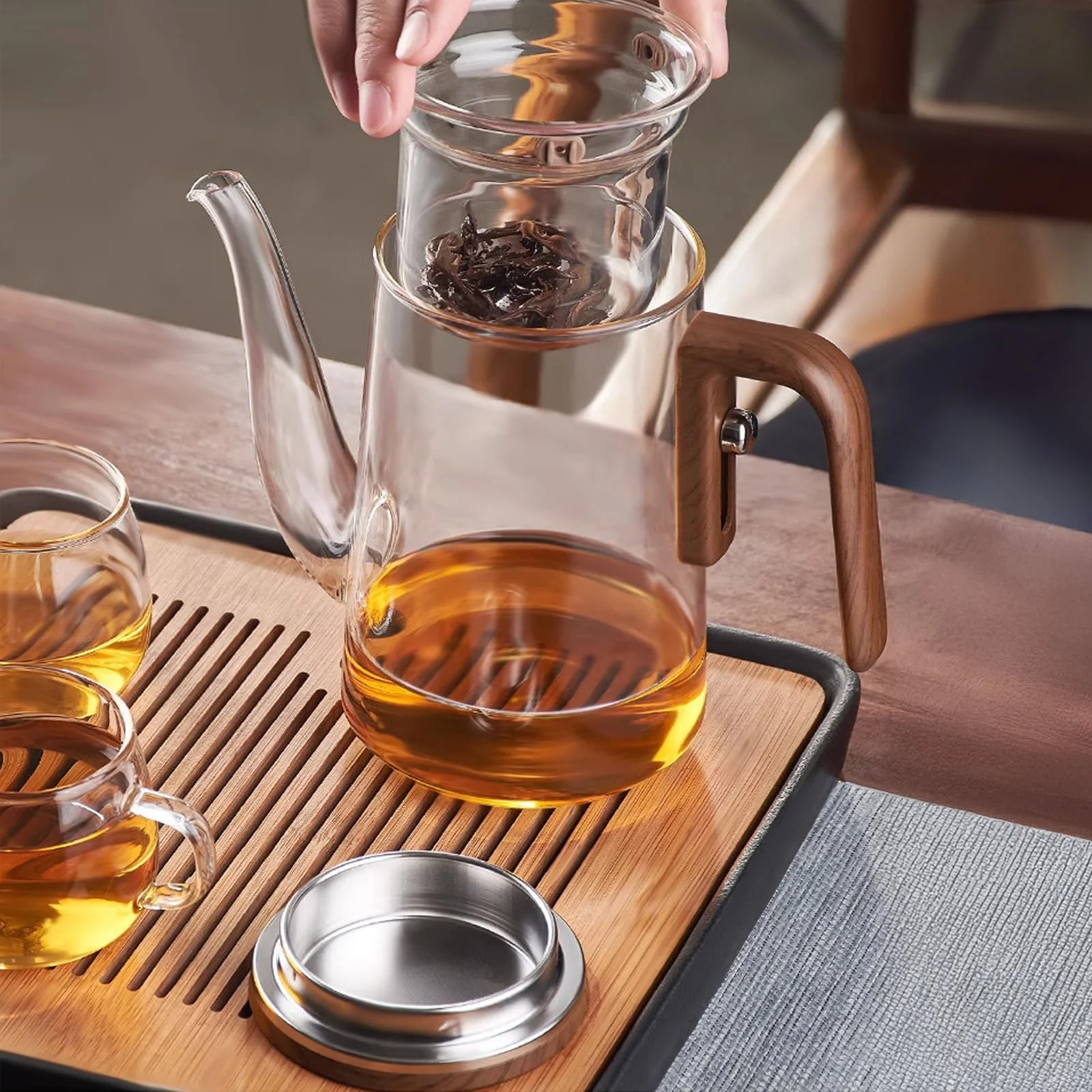 Чайник-заварник Скляний з дерев'яною ручкою та ситечком, фото №7