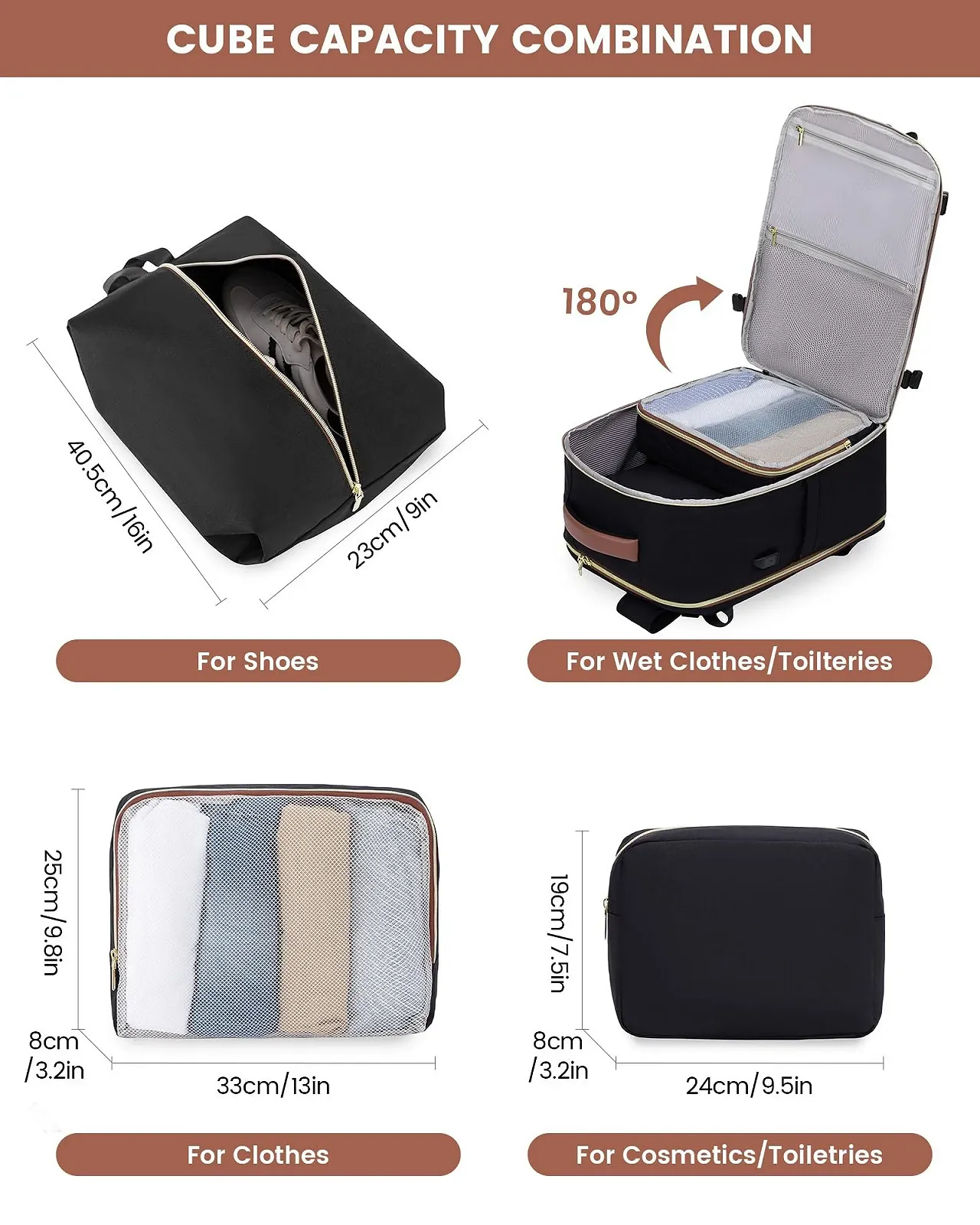 Рюкзак LOVEVOOK 40L для ручної поклажі жіночий 17.3 дюйма Black / White / Brown, фото №6