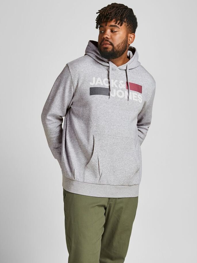 Світшот Jack&Jones PLUS LOGO SWEAT HOOD NOOS PS 12163777, світло-сірий меланж, принт: PLAY, XXXL, фото №1