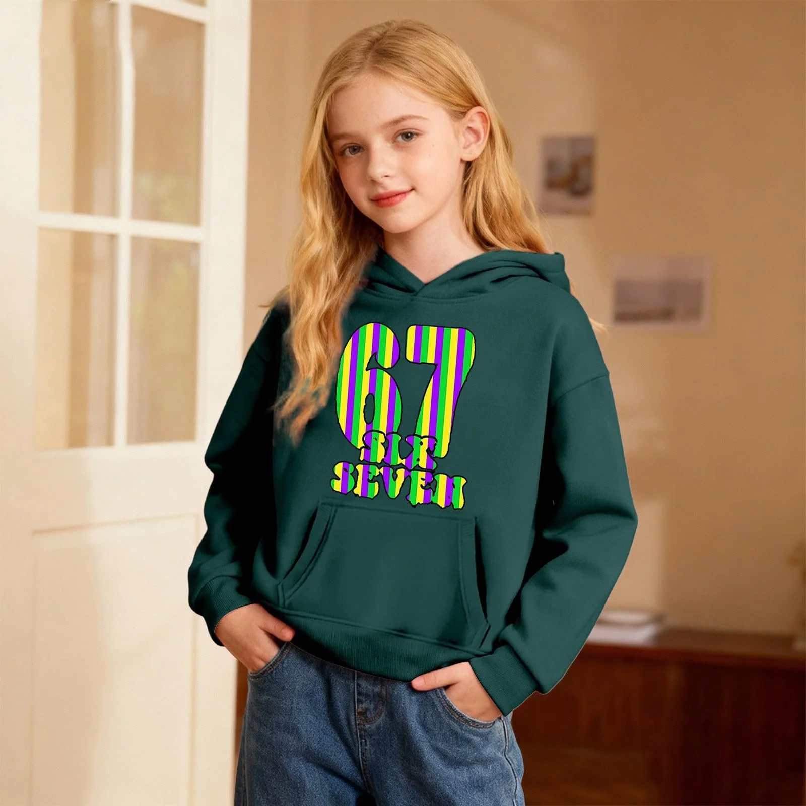 Толстовка Kinder 67 - Толстовка с капюшоном для девочки с карнавальным узором, мягкий флисовый пуловер с карманами, фото №3