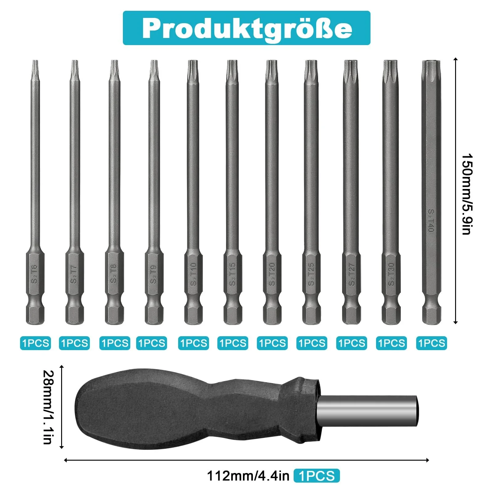 Набір викруток Torx T6-T40 12 одиниць 100 мм S2 сталь, фото №2