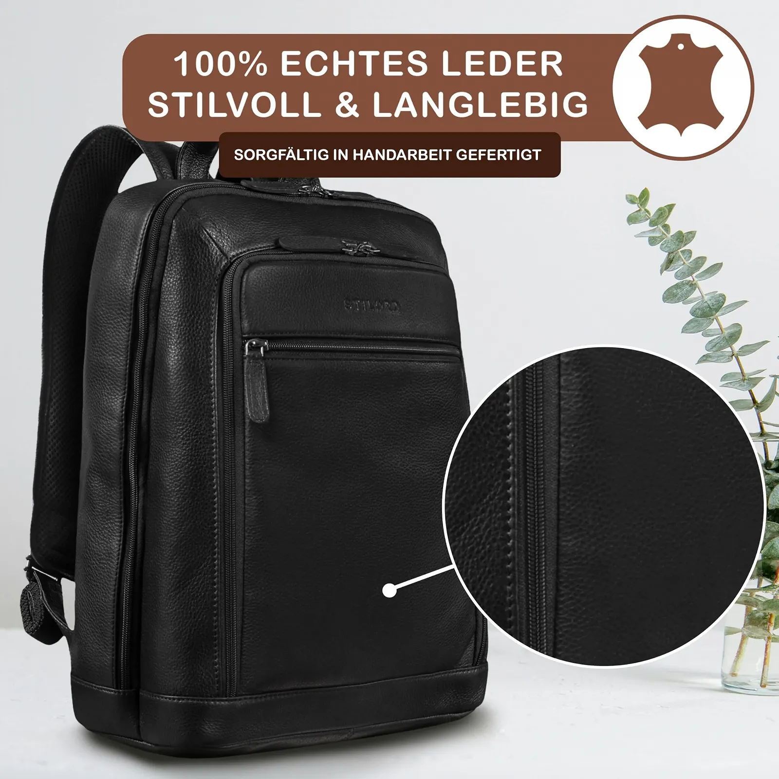 Рюкзак STILORD Watson 15.6" Кожаный Obsidian Black, фото №4