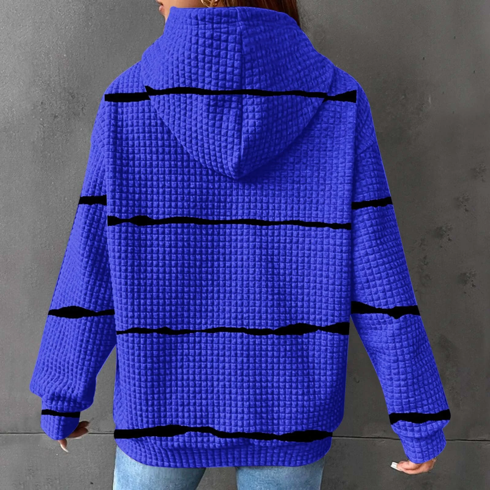 Женская Толстовка с капюшоном в полоску Вафельный Цветной блок Зимняя с длинными рукавами Модный Пуловер Легкая Большие Размеры Свободные Топы Карман Шнурок Капюшон, фото №7