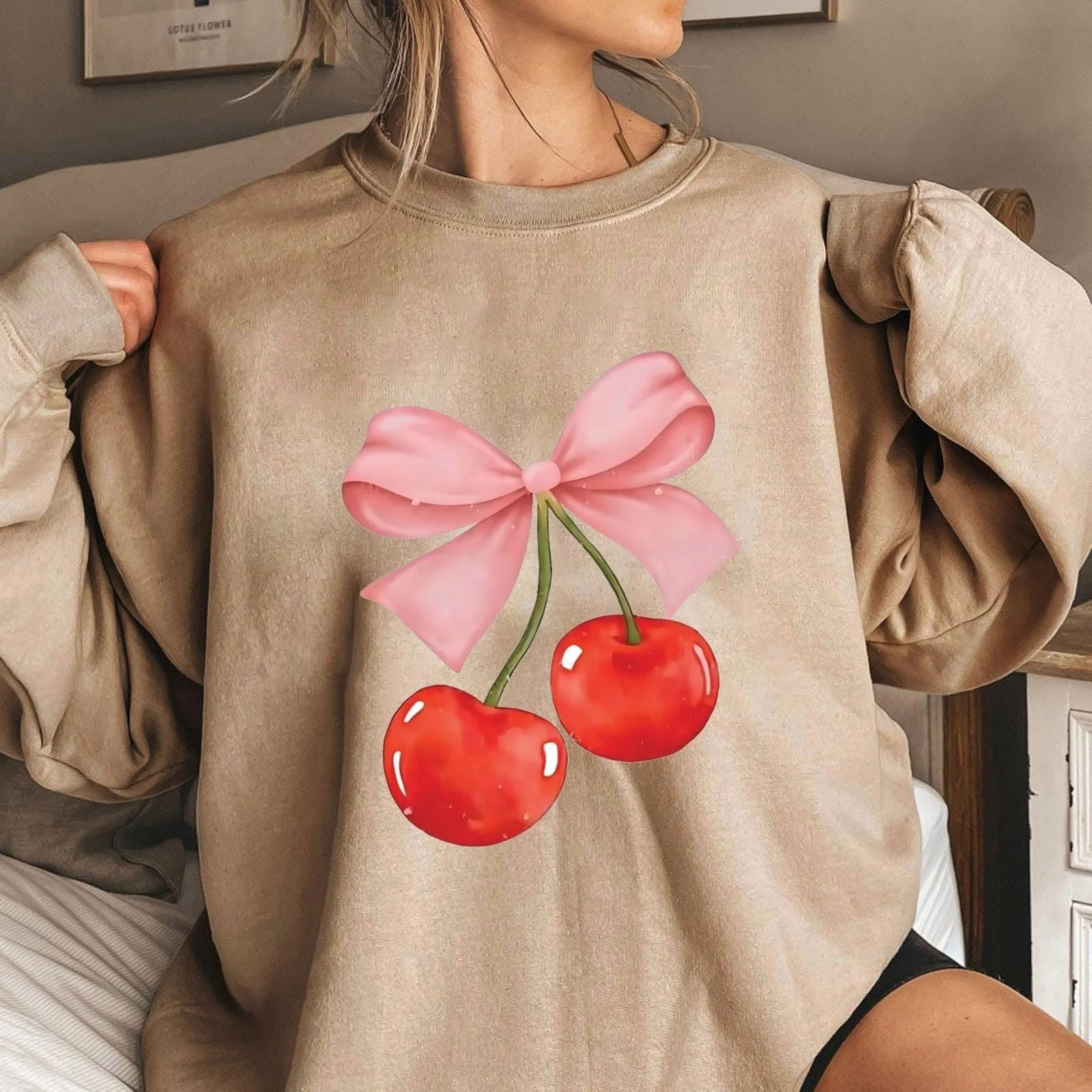 Пуловер Komiseup Oversized Y2K Лонгслив Базовый Круглый вырез Толстовка без капюшона Элегантный Однотонный Лонгшерт Модный Принт вишни Хлопок Спортивная рубашка Подростковый Девичий Streetwear 07, фото №2