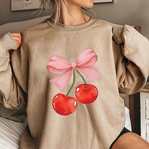 Пуловер Komiseup Oversized Y2K Лонгслив Базовый Круглый вырез Толстовка без капюшона Элегантный Однотонный Лонгшерт Модный Принт вишни Хлопок Спортивная рубашка Подростковый Девичий Streetwear 07 synthetic.ua - Фото 1