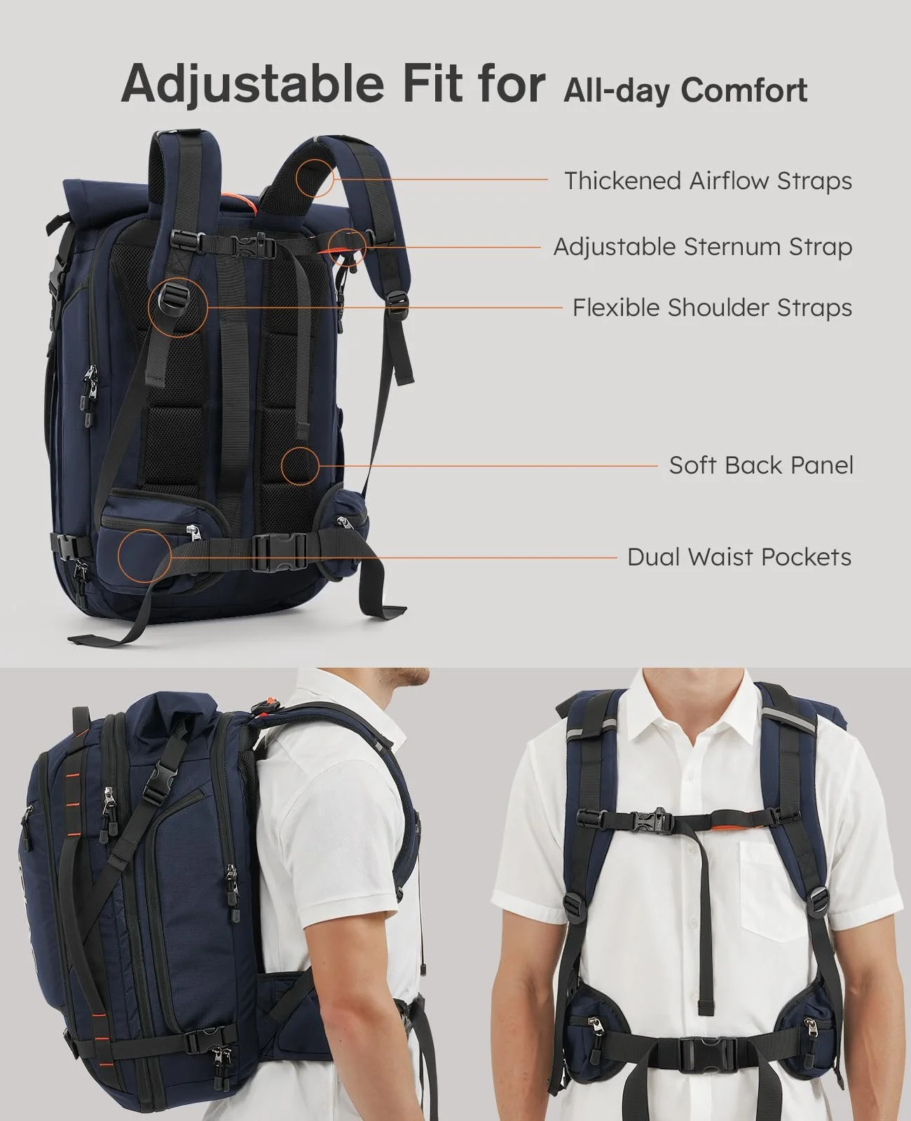 Рюкзак для ноутбука Tolaccea Rolltop 17.3 Inch 40-55L темно-синий, фото №6