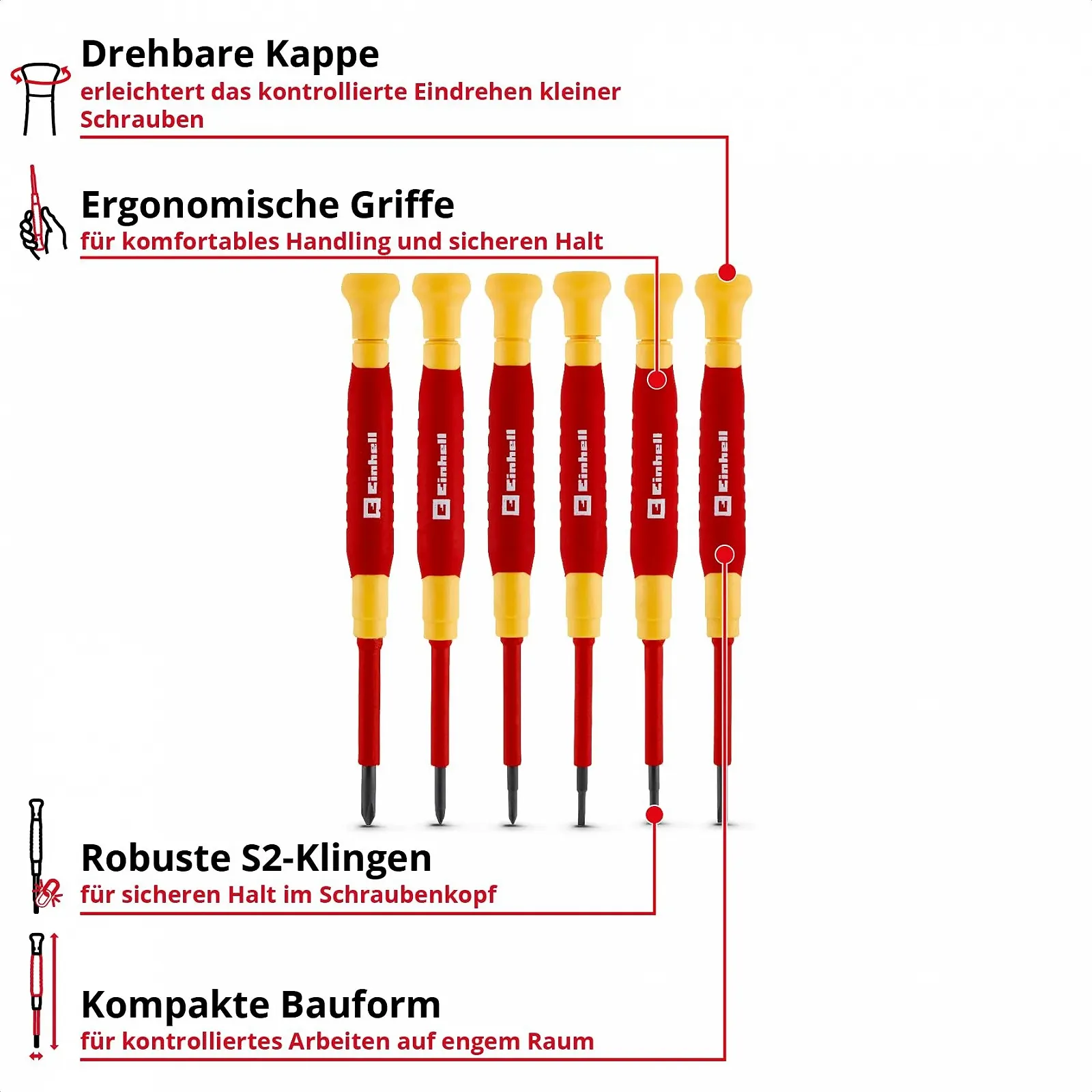Набір викруток для точної механіки Einhell 6 штук діелектричні до 1000 В, поворотний ковпачок, сталь S2, фото №2