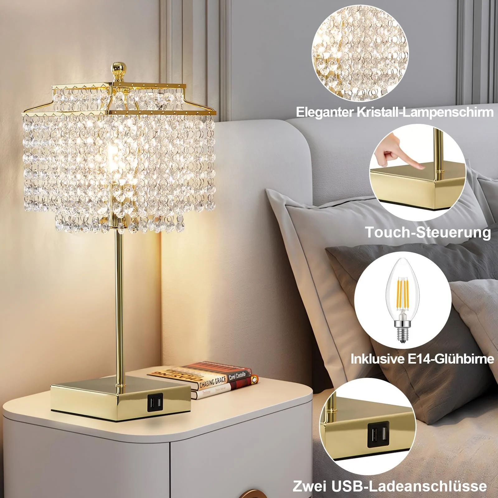 Настільна лампа GyroVu Crystal приліжкова сенсорна з функцією зарядки USB A+C та розетками Золотиста, фото №5