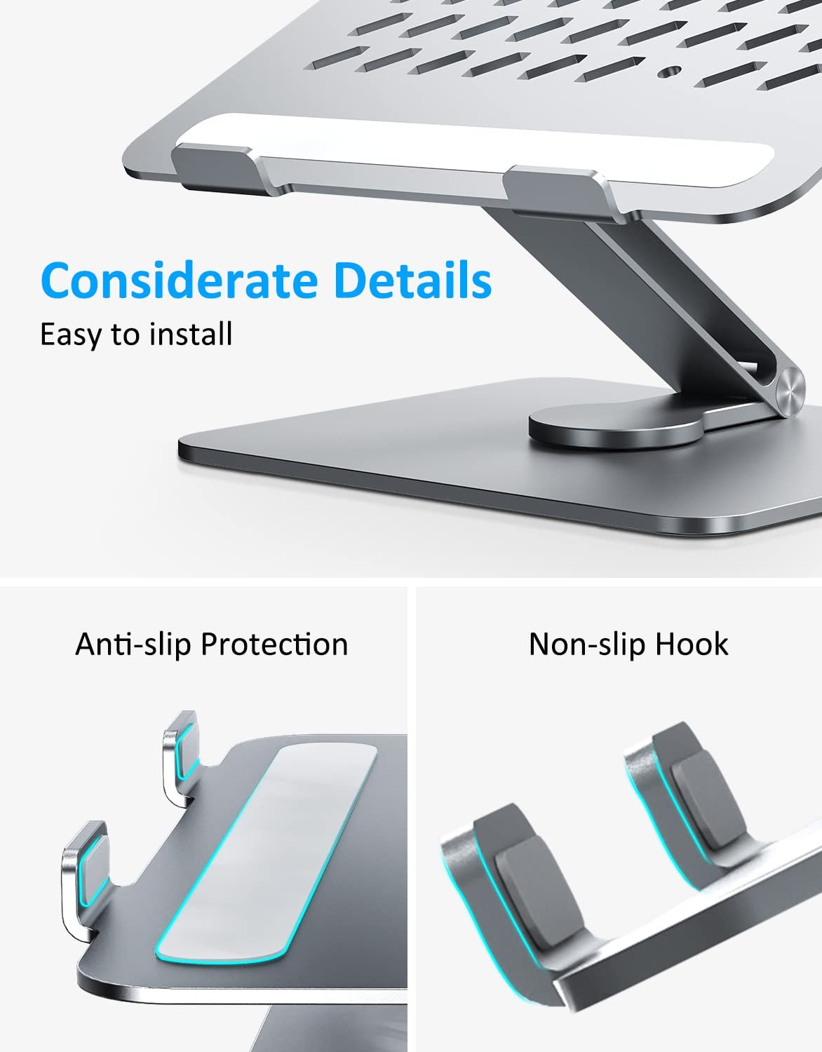 Подставка для ноутбука Gladgogo, регулируемая эргономичная подставка для ноутбука, вентилируемая алюминиевая подставка для ноутбука для стола, совместимая со всеми ноутбуками 10-17 дюймов, серебристая, фото №7