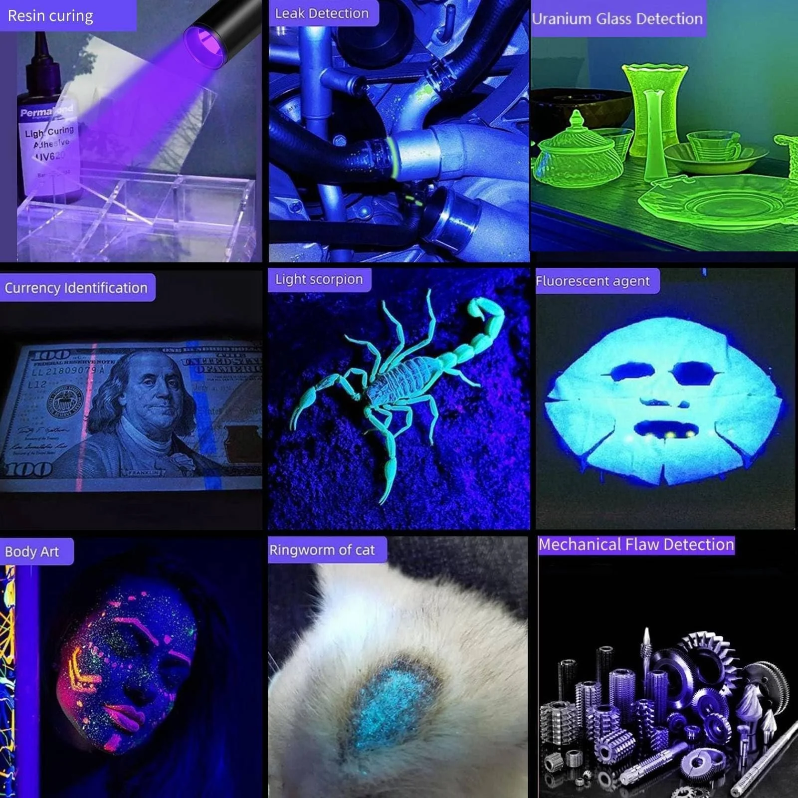 Ультрафіолетовий Ліхтар LUXNOVAQ 365 нм & 395 нм, USB Перезаряджуваний Чорне Світло, Міні LED УФ Лампа Детектор Сечі Домашніх Тварин для УФ Смоли, Бурштину, Скорпіонів, Гель-лаку, Тестер Грошей, Уранового Скла, Набір з 4 штук, фото №6