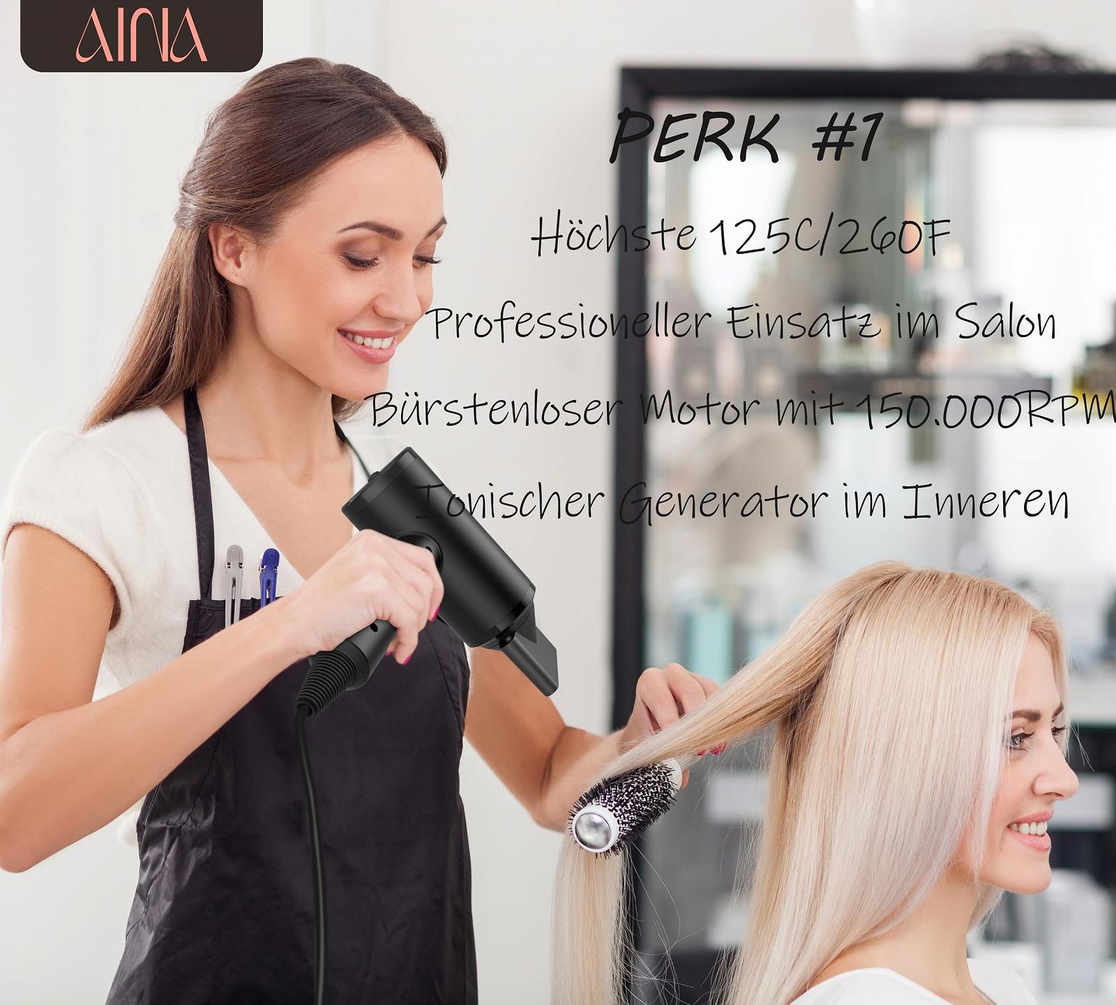 Фен AINA Professional Salon, 2300 Вт, с диффузором, щеткой-расческой для женщин, BLDC, бесщеточный мотор, 150 000 об/мин, ионный, LED-дисплей, 4 магнитные насадки, черный, фото №4