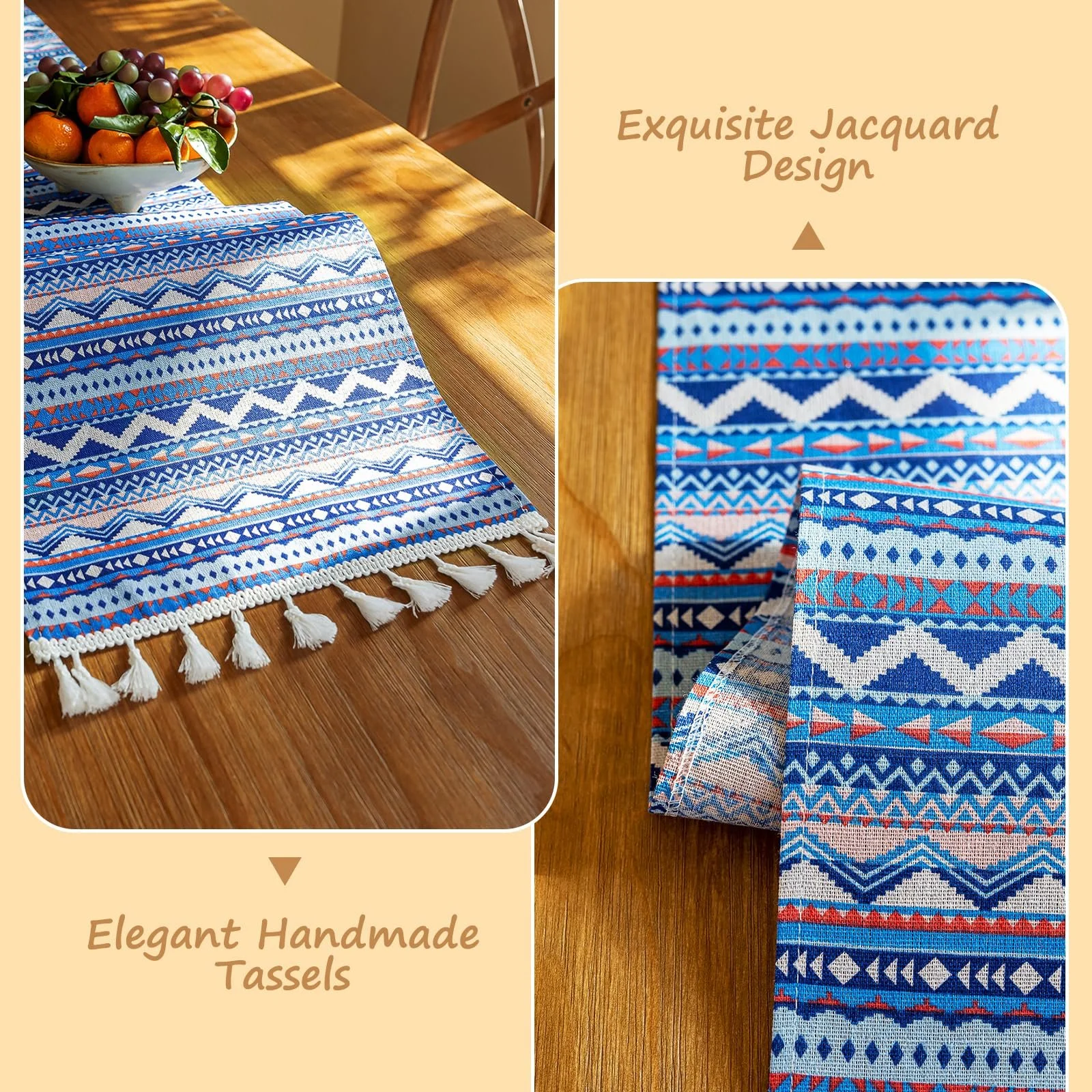 Столова доріжка Boho 180 x 30 см що миється Геометрія з китицями Блакитна, фото №2 Столова доріжка Boho 180 x 30 см що миється Геометрія з китицями Блакитна, фото №2