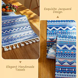 Столова доріжка Boho 180 x 30 см що миється Геометрія з китицями Блакитна ціна на synthetic.ua - Фото 1 Столова доріжка Boho 180 x 30 см що миється Геометрія з китицями Блакитна synthetic.ua - Фото 1