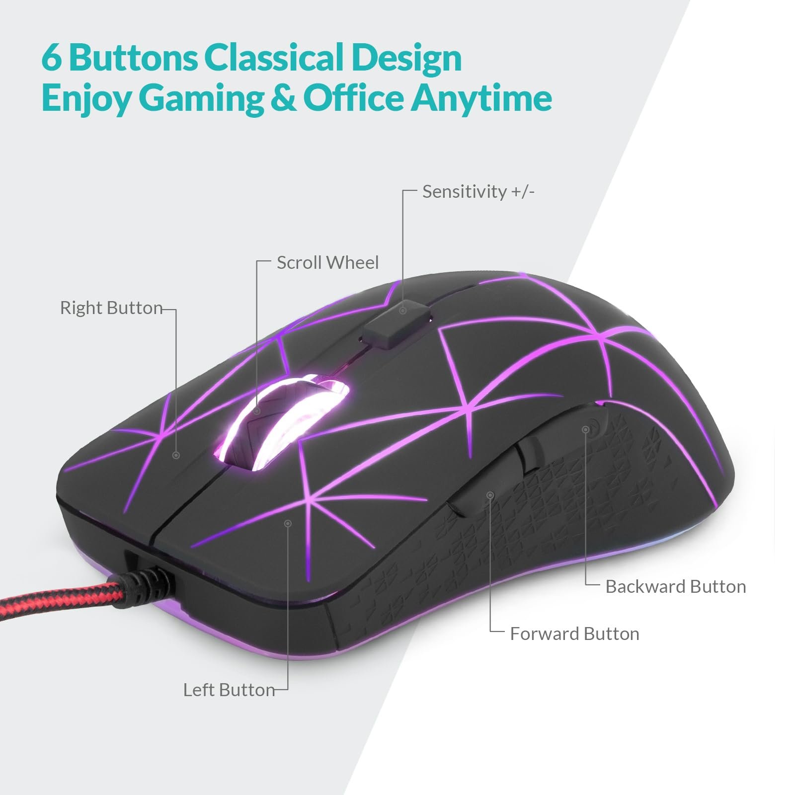 Мышь игровая Rii оптическая, 6 кнопок, 1200/1600/2400/3200 DPI, RGB, узор Burst, USB кабель 150 см, черная, фото №2