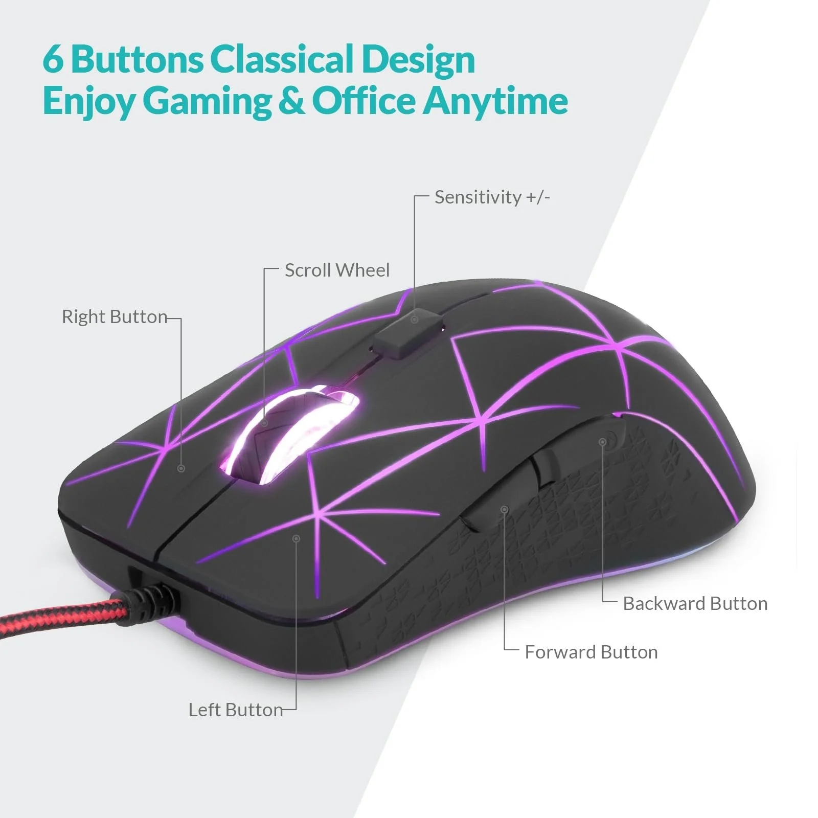 Мышь игровая Rii оптическая, 6 кнопок, 1200/1600/2400/3200 DPI, RGB, узор Burst, USB кабель 150 см, черная, фото №2