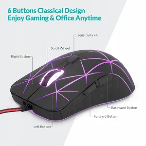 Мышь игровая Rii оптическая, 6 кнопок, 1200/1600/2400/3200 DPI, RGB, узор Burst, USB кабель 150 см, черная synthetic.ua - Фото 1