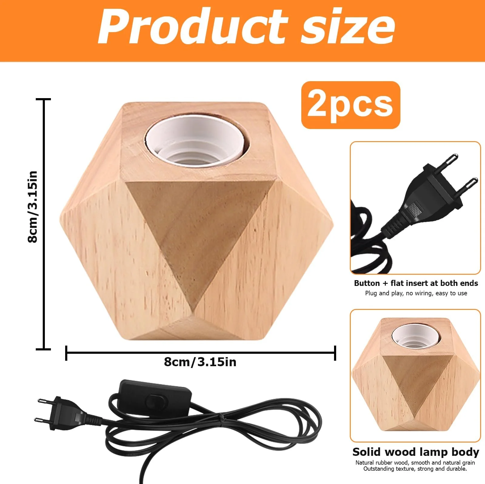 Настільна лампа Nizirioo Набір 2 шт. Дерев'яна основа Diamond E27 EU Plug (без лампи), фото №2