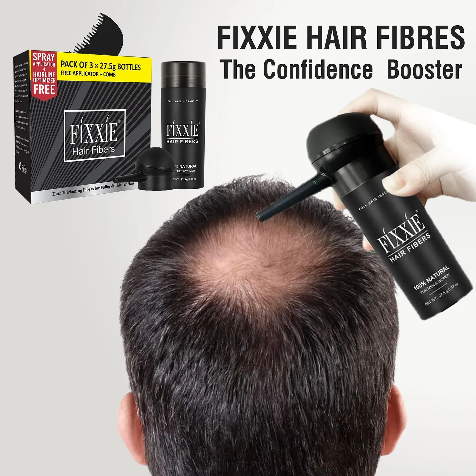 Волокна для волосся FIXXIE, 82.5 г, натуральний кератин, для потоншеного волосся 3 флакони, фото №2