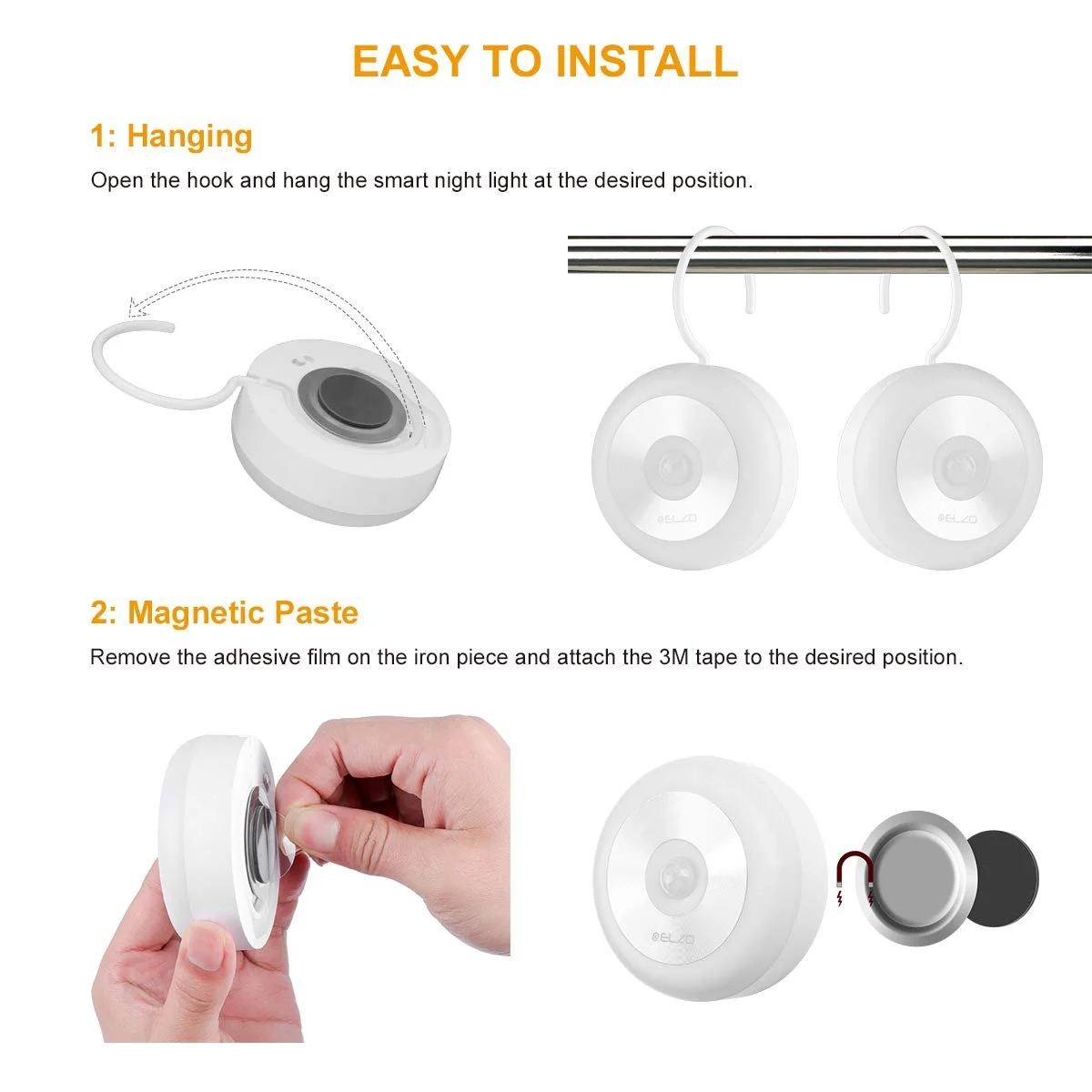 Нічний світильник з датчиком руху ELZO акумуляторний бездротовий світлодіодний з гачком та магнітом теплий білий, фото №4