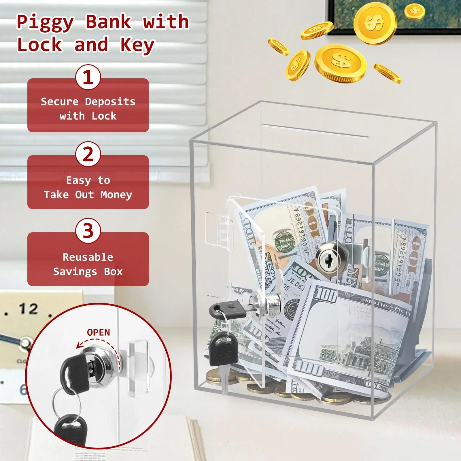 Скарбничка акрилова прозора з замком 20 x 15 x 12 см, фото №3