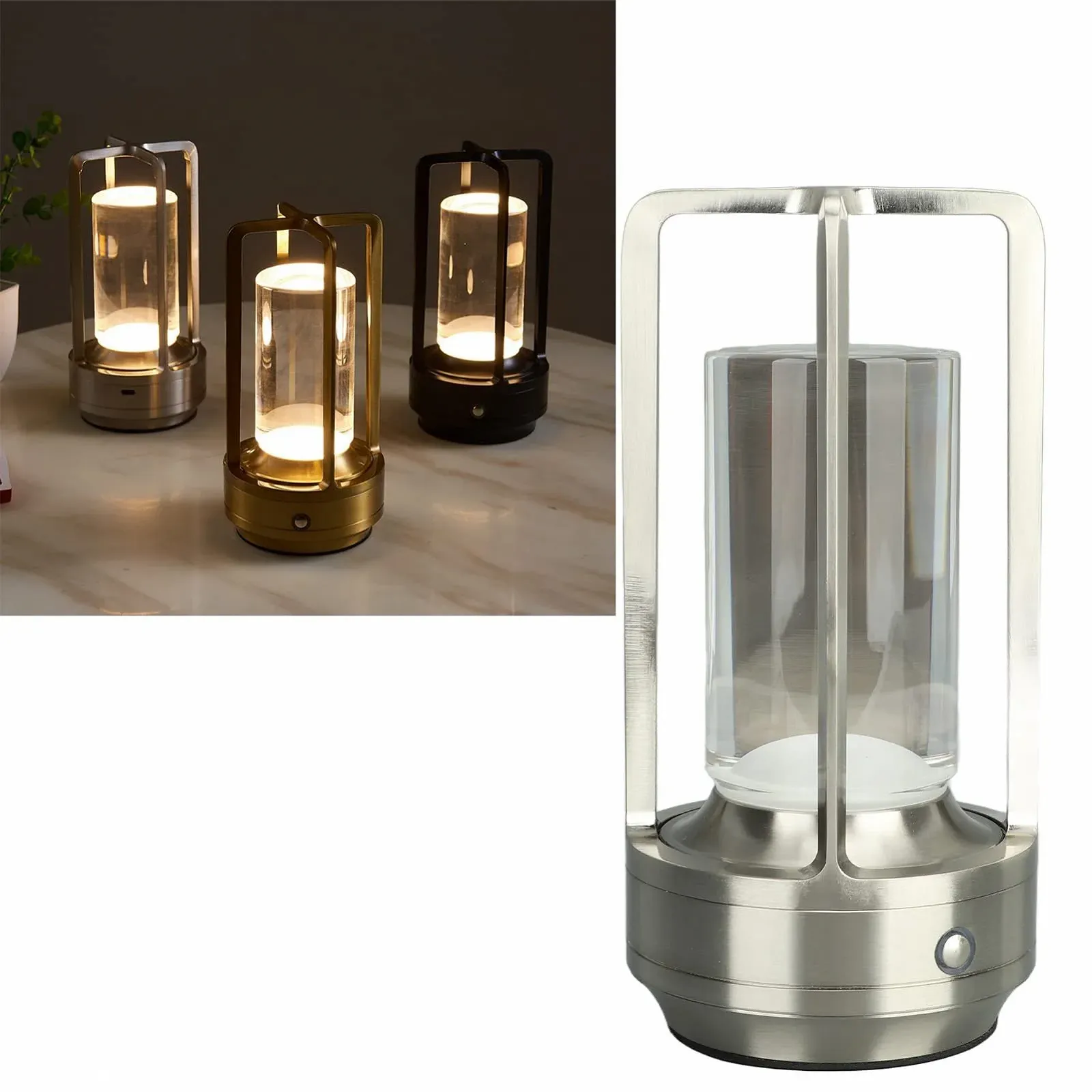 Бездротова настільна лампа світлодіодна акумуляторна сенсорна 3 кольори Срібляста, фото №3