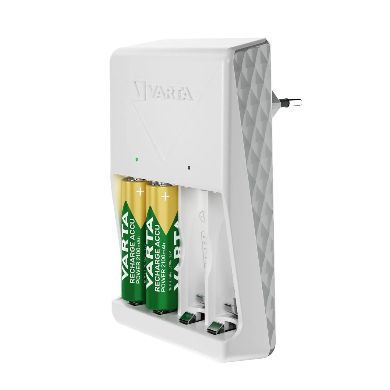 Зарядний пристрій VARTA для акумуляторів, в комплекті 4 x AA 2100 mAh, заряджає 2 або 4 AA/AAA одночасно, штекерний зарядний пристрій, білий, фото №5