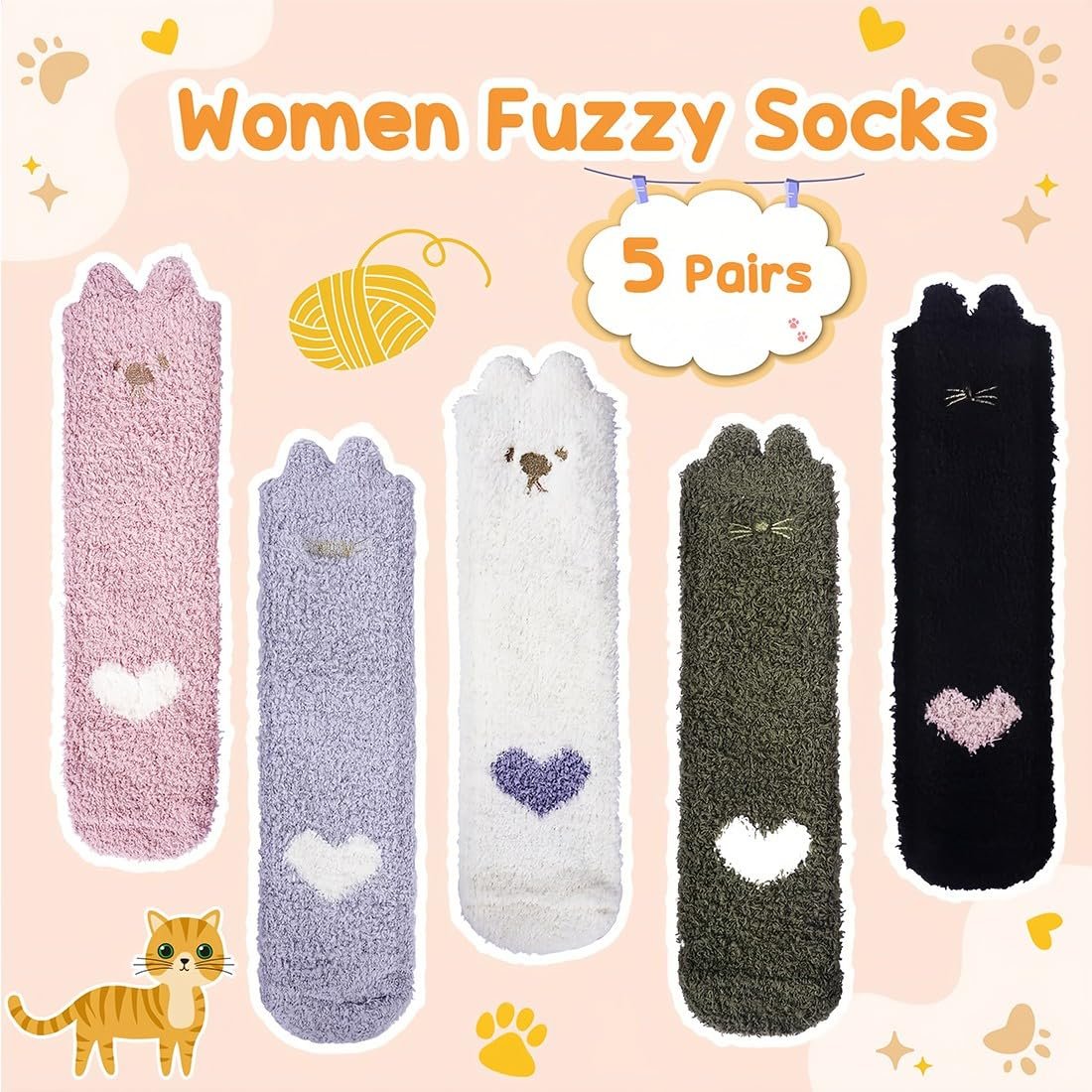 Носки с кошачьими лапками Snug Cuddly, 5 пар, зимние, пушистые, для дома, женские, подарок для девочек, рождественские носки, подарок на день рождения, фото №2