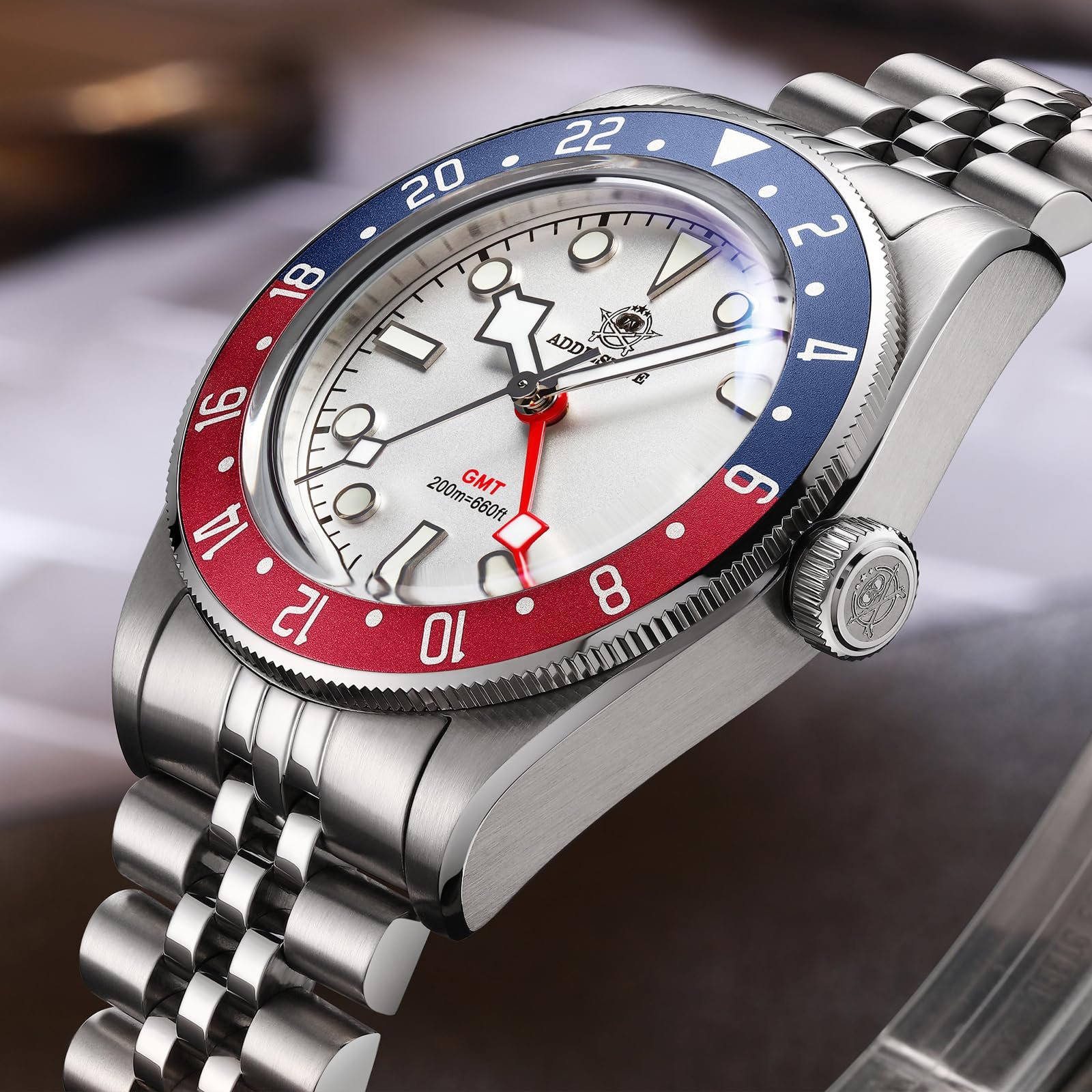 Чоловічий годинник ADDIESDIVE GMT Swiss Quartz Diver 200M Waterproof багатокольоровий світний циферблат білий класичний, фото №2