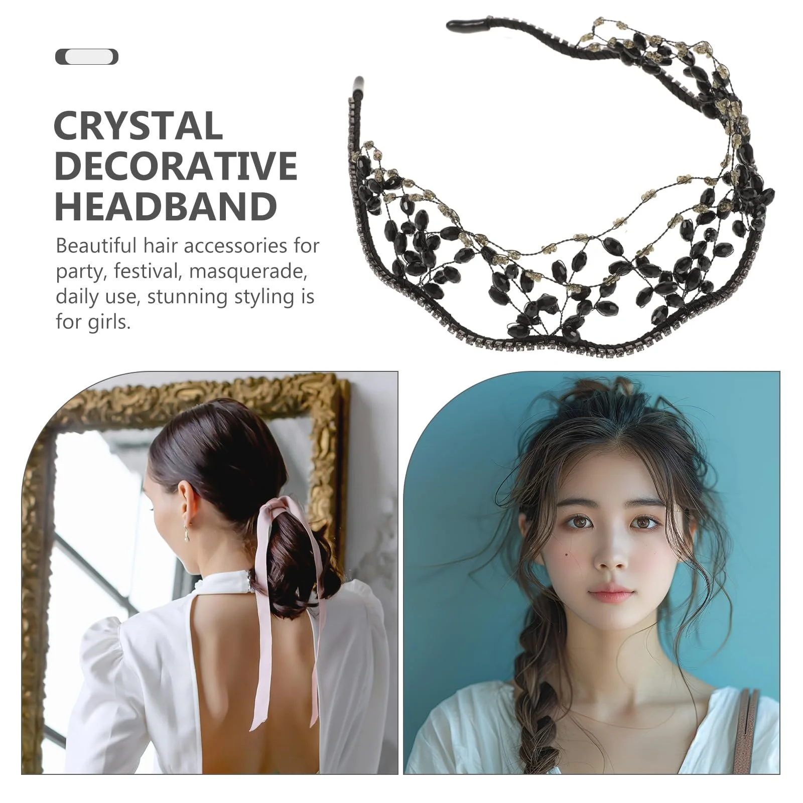 Обруч Lurrose Чорний з кристалами, перлами, фото №5