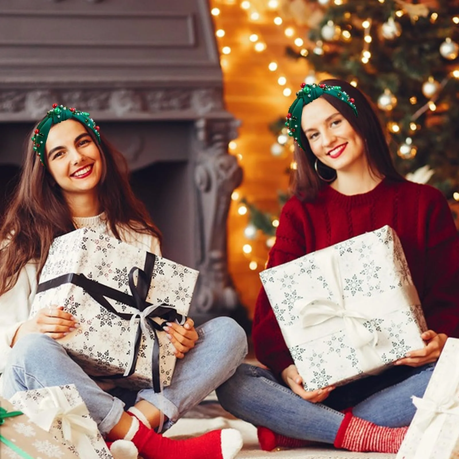 Обруч Різдвяний з перлами та кристалічними діамантами Зелений, фото №5