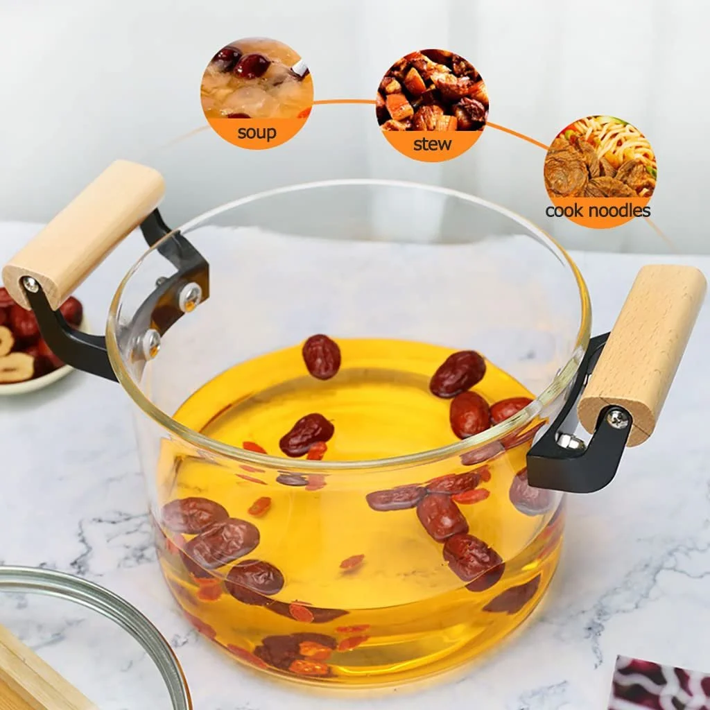 Каструля Guoyoocc Скляна термостійка прозора з кришкою та дерев'яною ручкою для приготування локшини, супу, молока, фото №3 Каструля Guoyoocc Скляна термостійка прозора з кришкою та дерев'яною ручкою для приготування локшини, супу, молока, фото №3