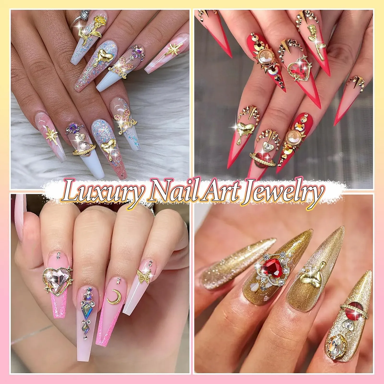 Прикраса для нігтів Серце, Роза, Метелик, Діамант, Золотий, 320 шт, фото №7